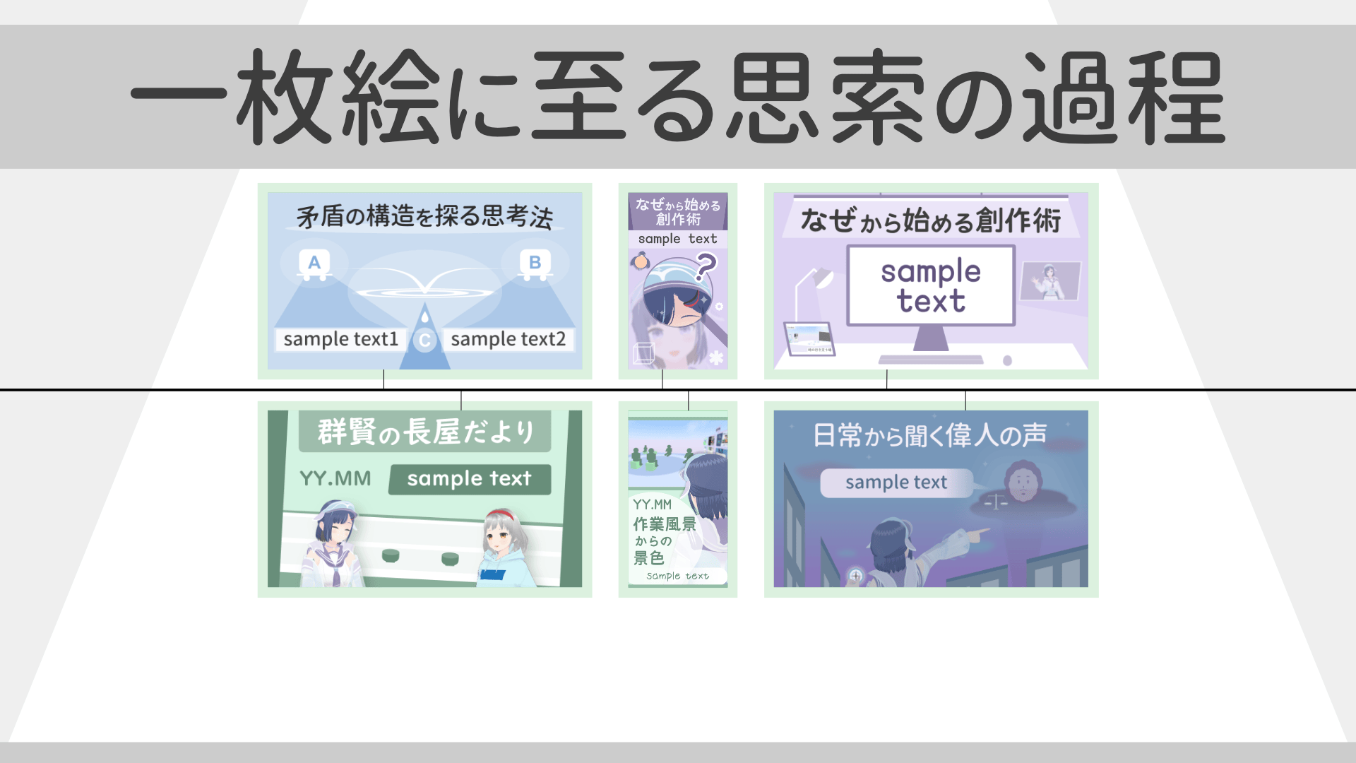 デザイン制作 - 調和を見据えサムネイルやキービジュアルなど一枚絵を制作しています。